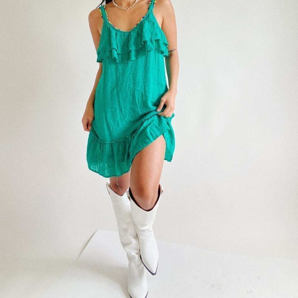 Blue Rain Casual Pom Pom Dress Size Medium Green Y2K